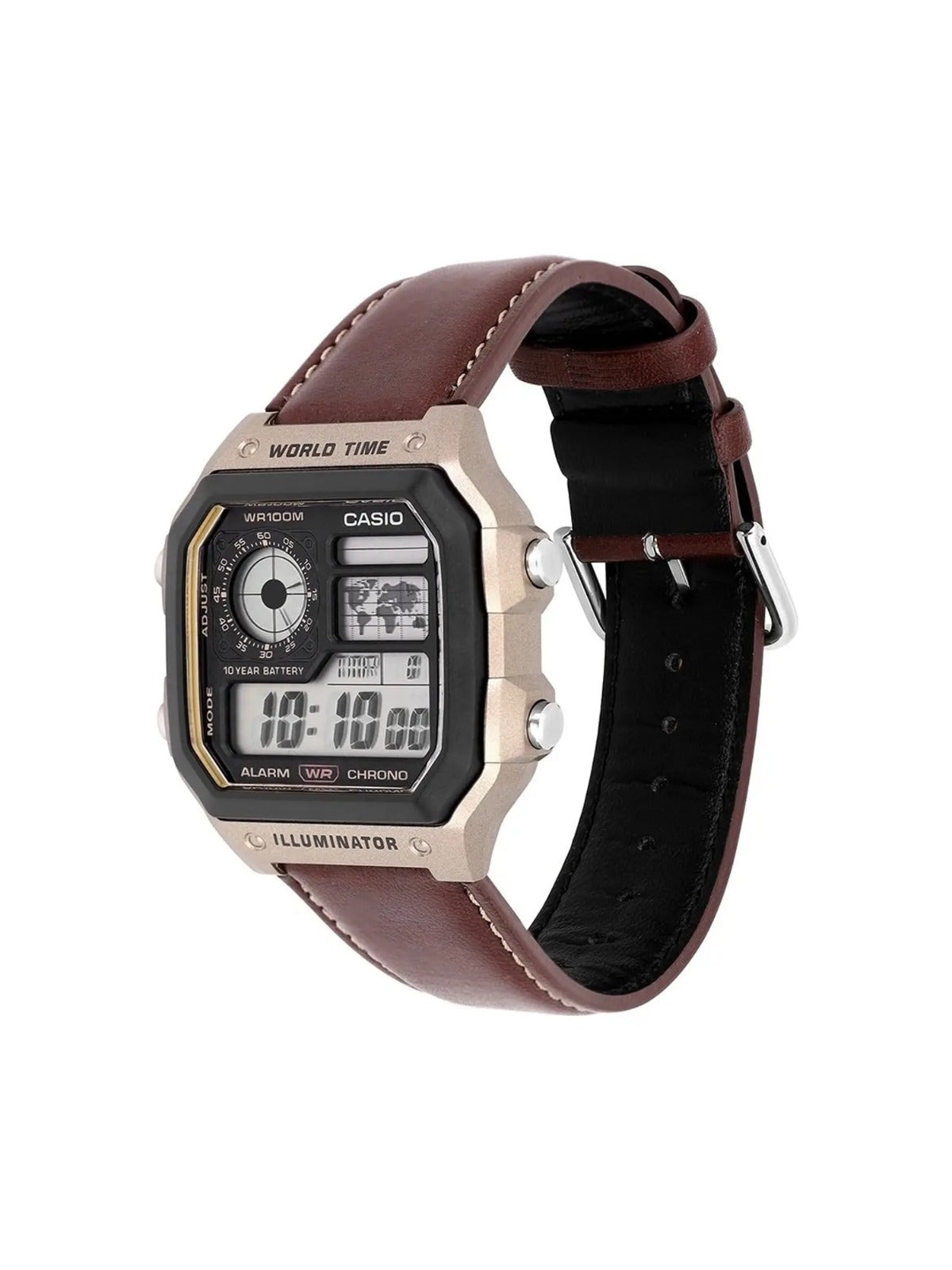 Casio AE-1200 World Time Digital Watch – Brown Leather Strap, 10-Year Battery, Water-Resistant