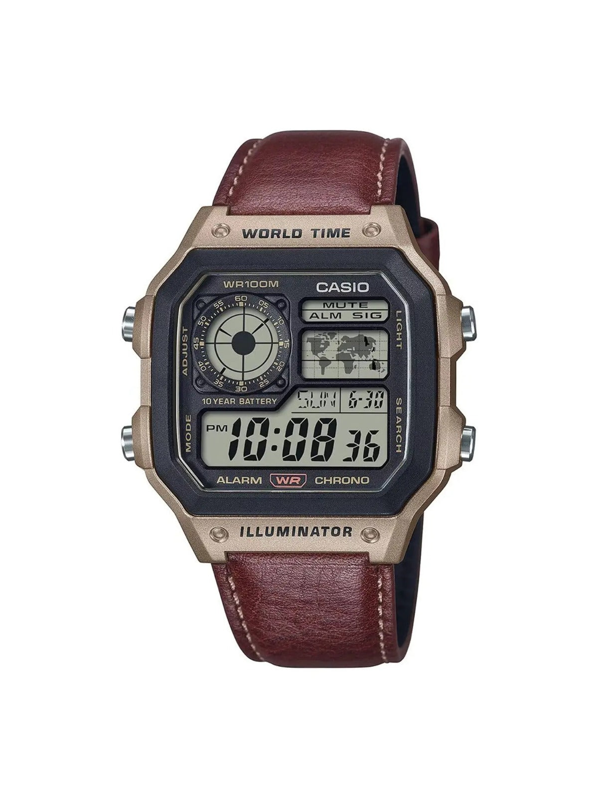 Casio AE-1200 World Time Digital Watch – Brown Leather Strap, 10-Year Battery, Water-Resistant