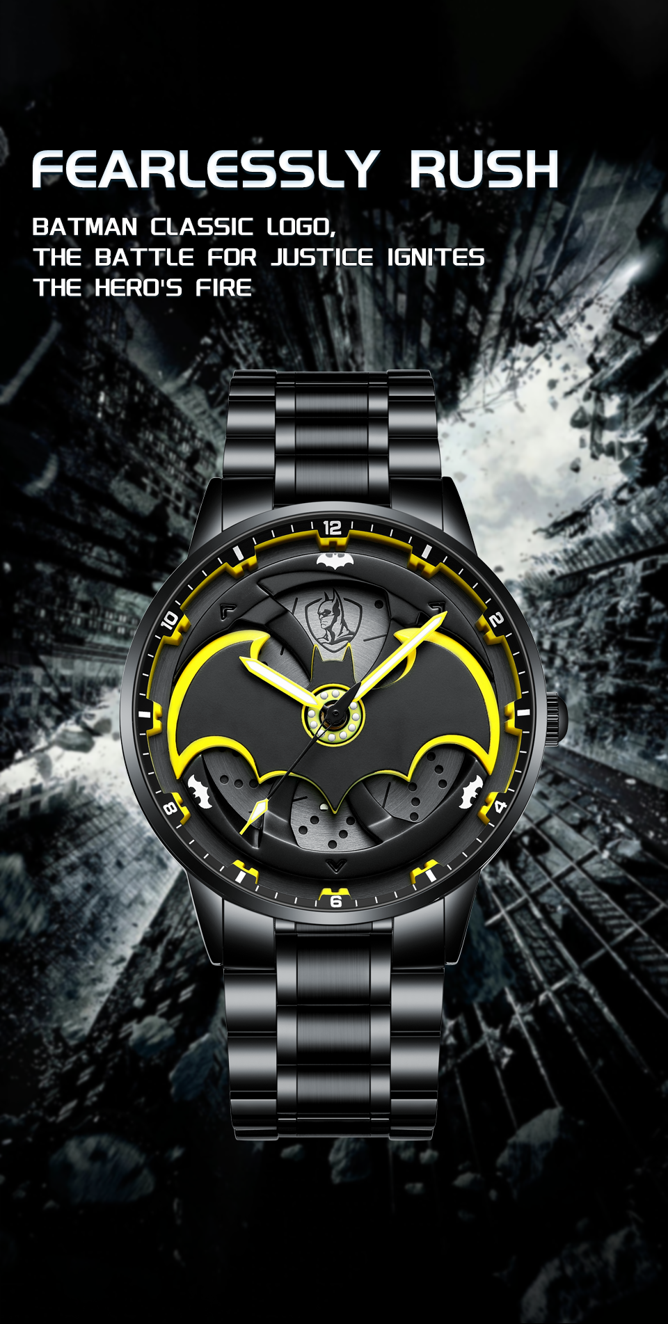 Bat-Inspired Superhero Watch for Men Black & Yellow Designer Wrist Watch